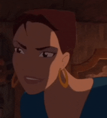 a close up of a cartoon woman wearing earrings and a blue shirt