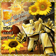 a good morning card with a robot and sunflowers