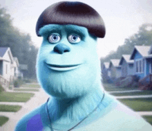 sulley from monsters inc is wearing a beanie and smiling while standing in front of a row of houses .