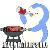 a penguin is drinking from a can while grilling sausages