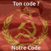 a red background with a hammer and sickle and a laurel wreath