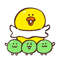 a cartoon drawing of a yellow duck surrounded by green faces