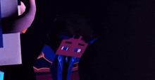 a cartoon character is standing in a dark room with a purple background .