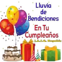 a birthday greeting in spanish with balloons and presents