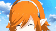 a close up of a girl with orange hair and white ears