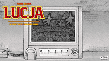 a black and white drawing of a tv with the words lucia written on it