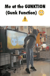 a person is dancing in front of a screen that says me at the gunk function