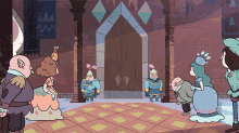 a group of cartoon characters standing in front of a castle door