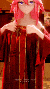 a girl with pink hair is wearing a red dress