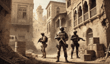 a group of soldiers standing in front of a building with boxes