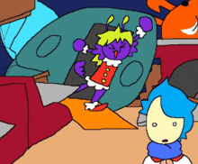 a cartoon drawing of a girl in a red dress and a boy in a blue shirt