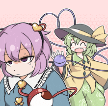 a cartoon of a girl with purple hair standing next to another girl
