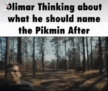 a video of a man walking through a forest with the caption " olimar thinking about what he should name the pikmin after "