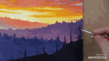 a painting of a sunset with the words made in animatica below it