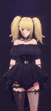 a girl with blonde hair is wearing a black dress with a belt that says el