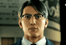 a man wearing glasses and a suit stands in front of a sign that says ' s ' on it