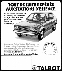 a black and white advertisement for a talbot horizon gl