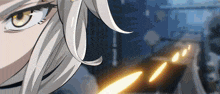 a close up of a person 's face with a sword in the background
