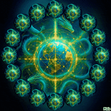 a circle of spheres with a dragon in the middle and pixiz written on the bottom