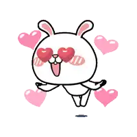 a cartoon rabbit with heart shaped eyes and pink hearts around it