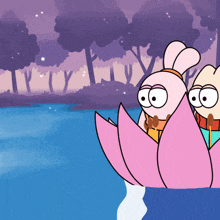 two cartoon characters are floating on a lotus flower in a lake