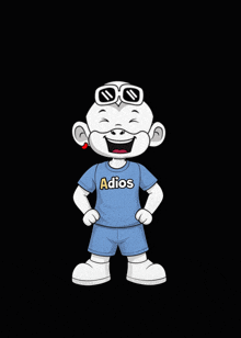 a cartoon character is wearing a blue shirt that says adios