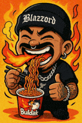 a cartoon of a man wearing a beanie that says blazzard eating buldak noodles