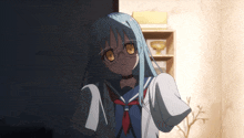 a girl with blue hair and glasses stands in a room
