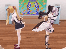 two anime girls are dancing in front of a tv screen that shows two rabbits eating carrots