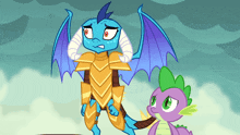 a cartoon drawing of a dragon in armor standing next to a purple dragon