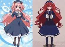 a girl with pink hair and a girl with red hair are standing next to each other