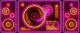 a neon sign of a record player , speakers and a turntable .