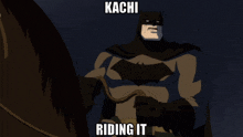 a group of people are watching a scene with the words kachi riding it above them
