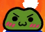 a green frog with an angry face is wearing a blue scarf and a white hat .
