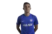 a man wearing a blue aaa auto shirt stands with his eyes closed
