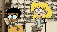 two cartoon characters standing next to a lady maid washer