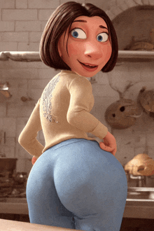 a cartoon character is standing in a kitchen with her hands on her hips