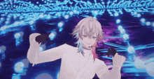a cartoon character with white hair and red highlights is dancing