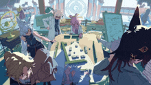 a group of anime characters are gathered around a table playing a game of mahjong