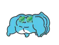 a cartoon drawing of a blue animal with green leaves on its eyes