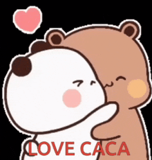 a cartoon of two bears hugging each other with the words love caca written on the bottom