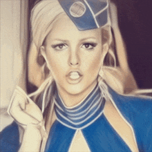 a painting of a woman in a blue and white outfit