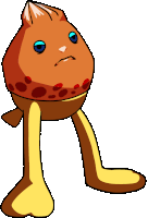 a cartoon character with a sad look on his face and yellow legs