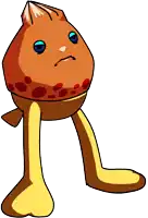 a cartoon character with a sad look on his face and yellow legs