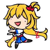 a cartoon drawing of a girl with long blonde hair and a red bow on her head .