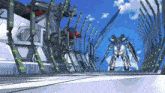a robot with a sword and shield stands in a tunnel