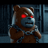 a teddy bear with red eyes is chained up