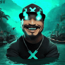 a man wearing a hat with a x on it