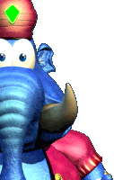 a blue cartoon elephant wearing a red hat and red pants