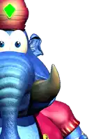 a blue cartoon elephant wearing a red hat and red pants